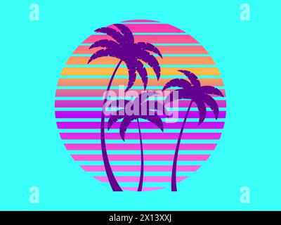 Silhouettes of palm trees against a retro futuristic sun background. Palm trees against a background of gradient sun in synthetic and retrowave styles Stock Vector