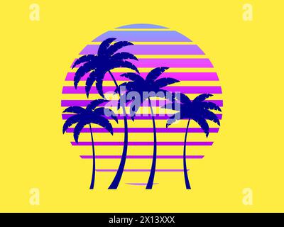 Silhouettes of palm trees against a retro futuristic sun background. Palm trees against a background of gradient sun in synthetic and retrowave styles Stock Vector