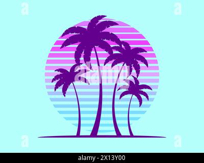 Silhouettes of palm trees against a retro futuristic sun background. Palm trees against a background of gradient sun in synthetic and retrowave styles Stock Vector