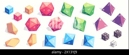 Rpg game dice. Cartoon polyhedral d4 d6 d8 d10 d12 d20 dice for board role playing game, fantasy gaming elements for app web design. Vector set Stock Vector