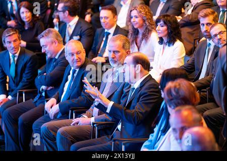 Royals 2024: Felipe VI at economic forum Wake Up, Spain The Spanish King Felipe VI C between Jordi Hereu L minister of Industry and Tourism and Pedro J. Ramirez R executive president and director of EL ESPANOL seen at the inauguration day of the 4th edition of Wake Up, Spain, an Economic Forum organized by the newspaper El Espanol at the Casa de America in Madrid. Madrid Casa de America Madrid Spain Copyright: xAlbertoxGardinx AGardin 20240415 WakeUp Spain 158 Stock Photo