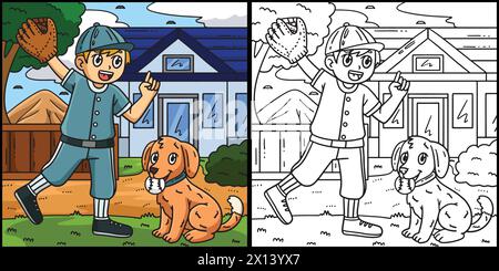 Boy and Dog Playing Baseball Coloring Illustration Stock Vector