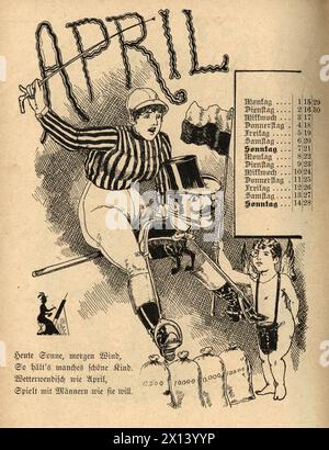 Vintage cartoon for the month of april, woman dressed as a jockey riding a hobby horse, German, 19th Century, 1889 Stock Photo