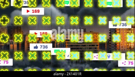 Image of digital x's and social media notifications over city buildings in storm Stock Photo