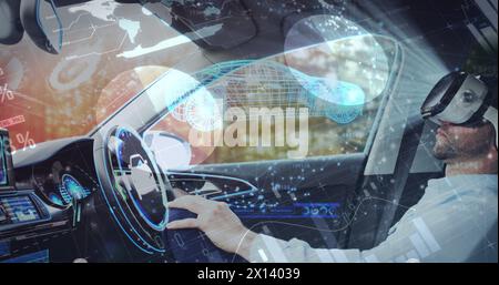 Image of data processing over caucasian businessman using vr headset in car Stock Photo