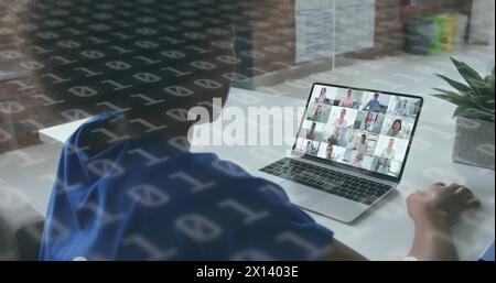 Image of binary coding over diverse business people having image call Stock Photo