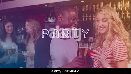 Image of party text over happy diverse friends talking with drinks Stock Photo