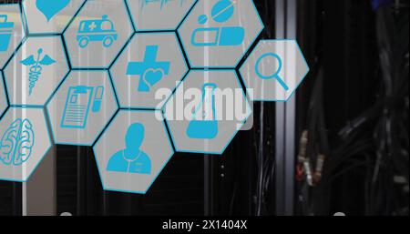 Image of network of medical icons and data processing over computer servers Stock Photo