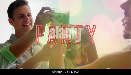 Image of party text over happy diverse friends with drinks Stock Photo