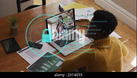 Image of online security padlock icon over businesswoman on laptop image call Stock Photo