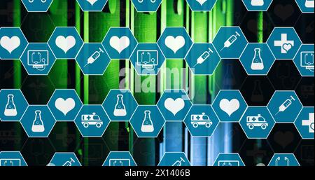 Image of network of medical icons and data processing over computer servers Stock Photo