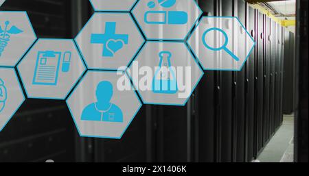 Image of network of medical icons and data processing over computer servers Stock Photo