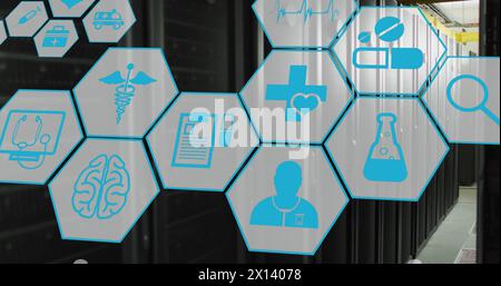Image of network of medical icons and data processing over computer servers Stock Photo