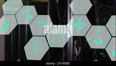 Image of network of medical icons and data processing over computer servers Stock Photo