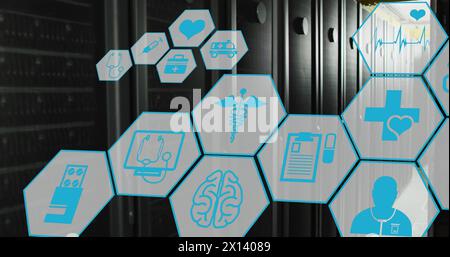 Image of network of medical icons and data processing over computer servers Stock Photo