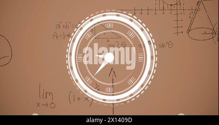 Image of clock moving over math formulas over beige background Stock Photo