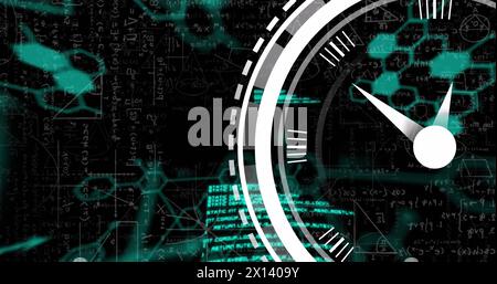 Image of clock moving over scientific data on black background Stock Photo