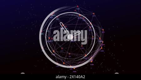Image of clock moving over connections on black background Stock Photo