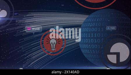 Multiple speech bubbles with digital icons and increasing numbers against light trails over globe Stock Photo