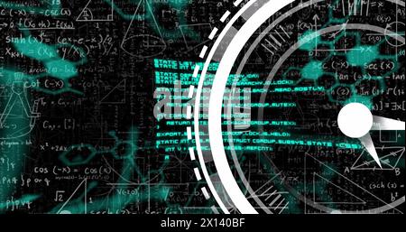 Image of clock moving over scientific data on black background Stock Photo