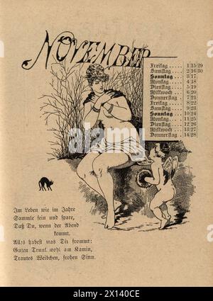 Vintage cartoon for the month of November, woman with cupid, Love, German, 19th Century, 1889 Stock Photo