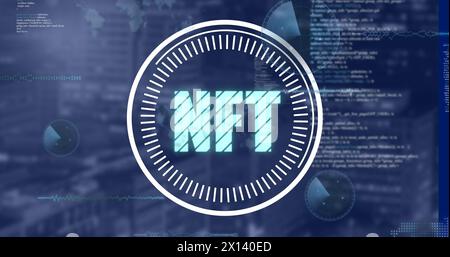 Image of data processing and nft text over blurred background Stock Photo