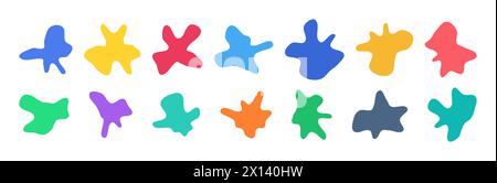 Organic blob shapes. Abstract colored irregular forms. Blots of paint spreading across the surface. Asymmetrical elements. Isolated vector collection on white background. Stock Vector
