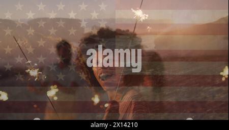 Image of flag of usa and landscape over african american woman Stock Photo