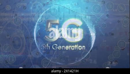 Image of 5g 5th generation text over icons and data processing on blue background Stock Photo