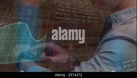 Image of data processing over caucasian man with smartwatch Stock Photo