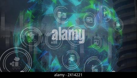 Image of digital icons and globe of plexus networks spinning against cityscape Stock Photo