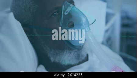 Image of data processing over african american man using oxygen mask Stock Photo