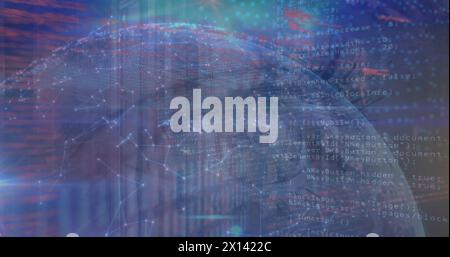 Image of network of connections and data processing over globe and close up of female eye Stock Photo