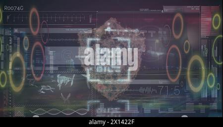 Image of data processing and digital human brain over black background Stock Photo