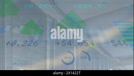 Image of financial data and graphs over servers and grey background Stock Photo