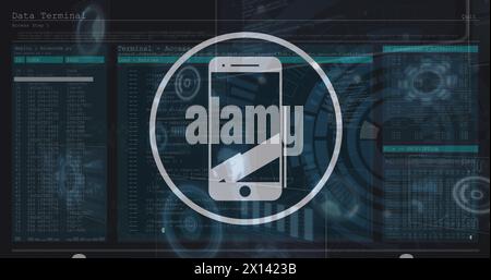 Image of smartphone in circle over digital screen with diverse data Stock Photo