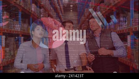Image of data processing over diverse business people in warehouse Stock Photo