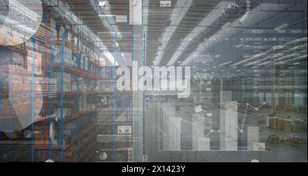Image of financial graphs and data over warehouse Stock Photo