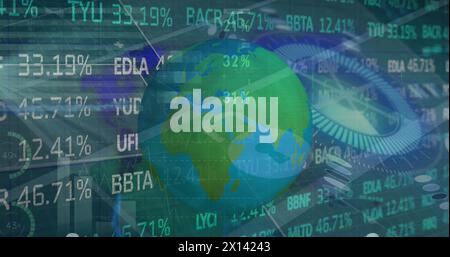 Image of financial data over rotating globe Stock Photo