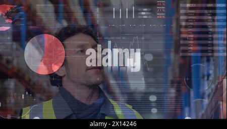 Image of statistical data processing over caucasian male worker checking stock at warehouse Stock Photo