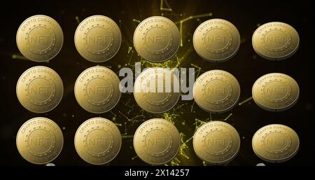 Image of nft text on golden coins and network of connections over dark background Stock Photo