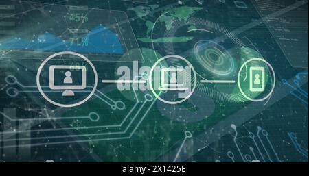 Image of financial data and graphs on digital screen and technology icons Stock Photo