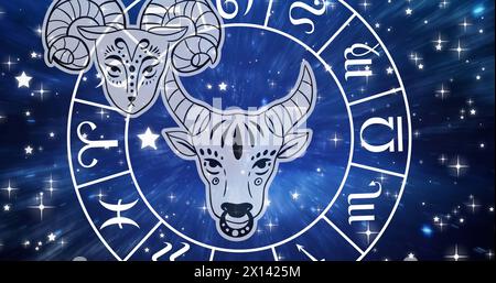 Image of horoscope symbols over stars on blue background Stock Photo