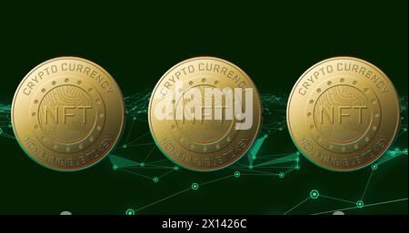 Image of nft text on golden coins and network of connections over dark background Stock Photo