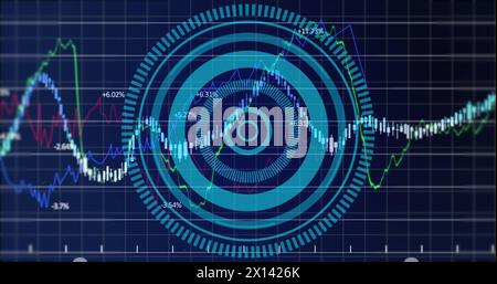Image of financial graphs and processing circle on navy background Stock Photo