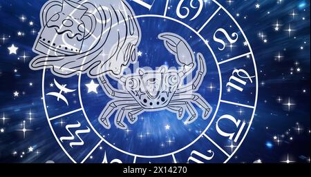 Image of horoscope symbols over stars on blue background Stock Photo