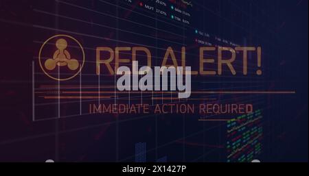 Image of red alert, graphs and financial data over navy background Stock Photo