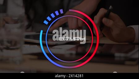 Image of speedometer over hands of biracial man using tablet Stock Photo