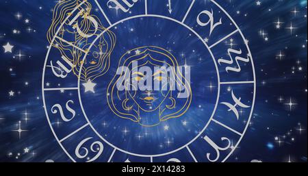 Image of horoscope symbols over stars on blue background Stock Photo