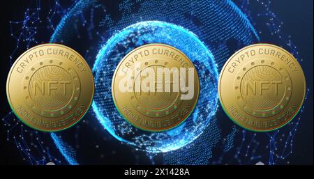 Image of nft text on golden coins and globe over dark background Stock Photo